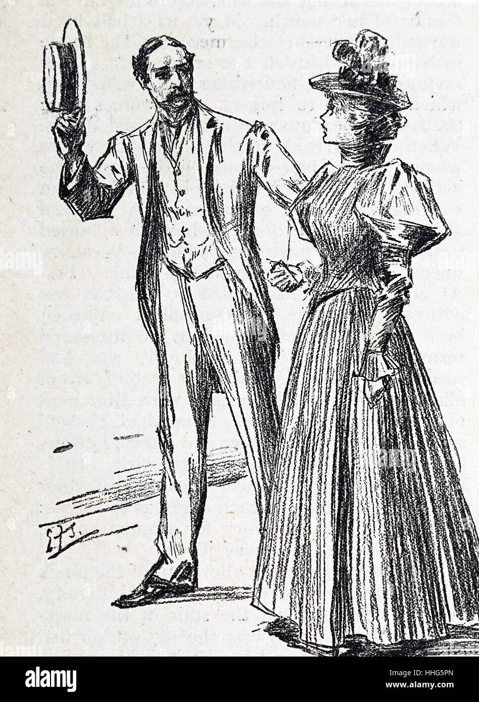 Illustration shows a male raising his hat to a female. From the Quiver, London, 1883. Stock Photo