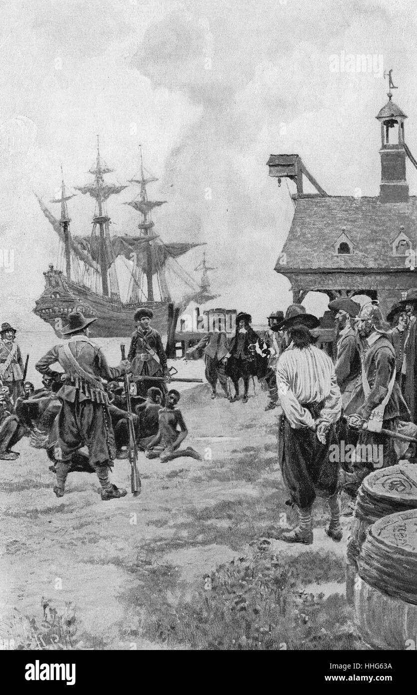 Landing of Negroes at Jamestown from a Dutch Man-of-war, 1619. In this image, the Dutch sailors, who have captured slaves from a Spanish ship, are negotiating a trade with the Jamestown settlers for food. Stock Photo