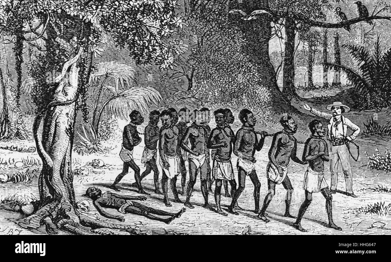 Band of African slaves an their way to coast for transportation, passing the remains of slaves from previous bands who have died on the journey Stock Photo
