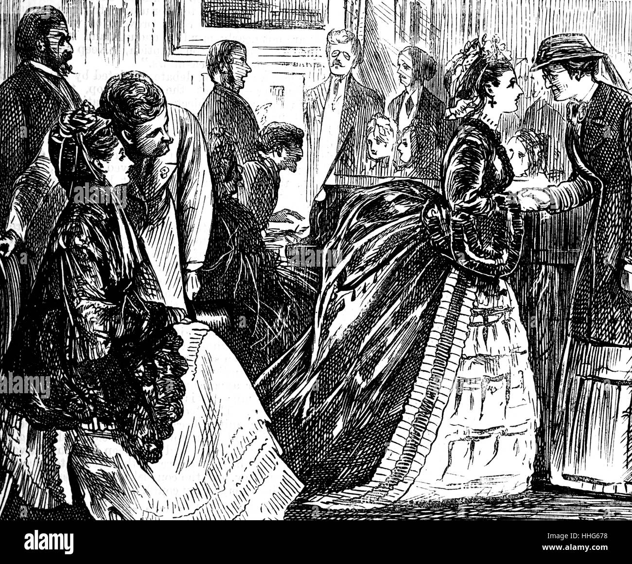 George du Maurier cartoon from 'Punch' Magazine, showing a social gathering of upper-class English gentry in fashionable clothes. 1871 Stock Photo
