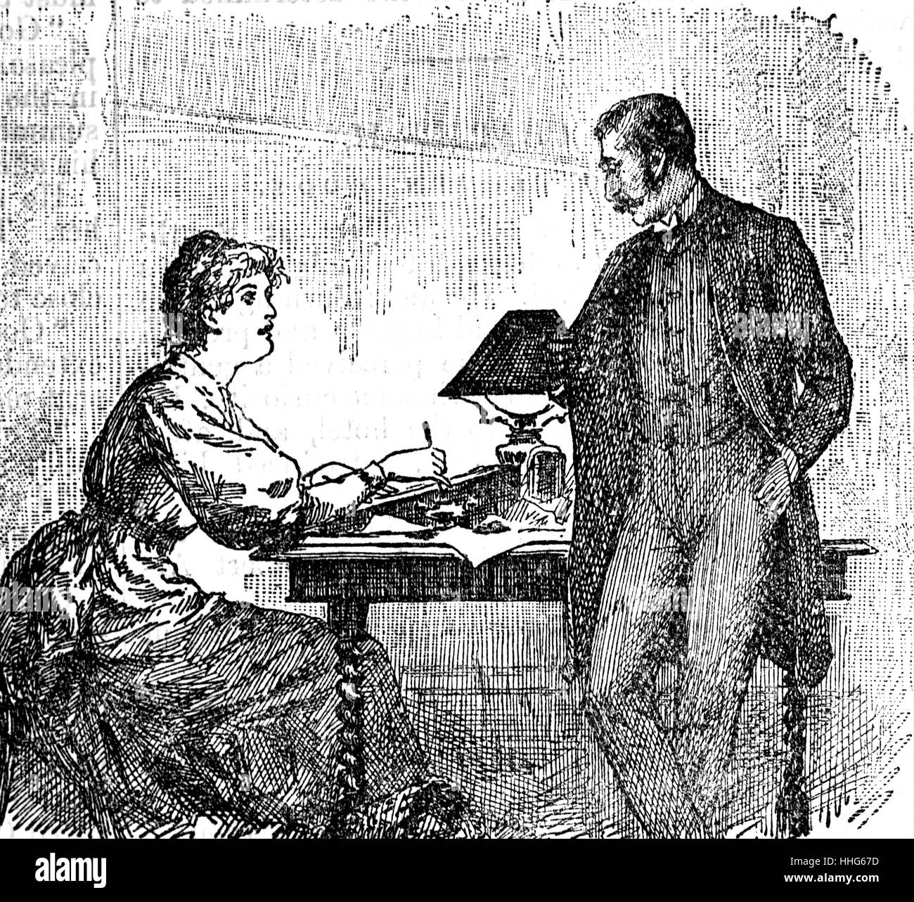 Illustration showing a Victorian couple discussing tasks to be divided in running a middle class English household. 1888 Stock Photo