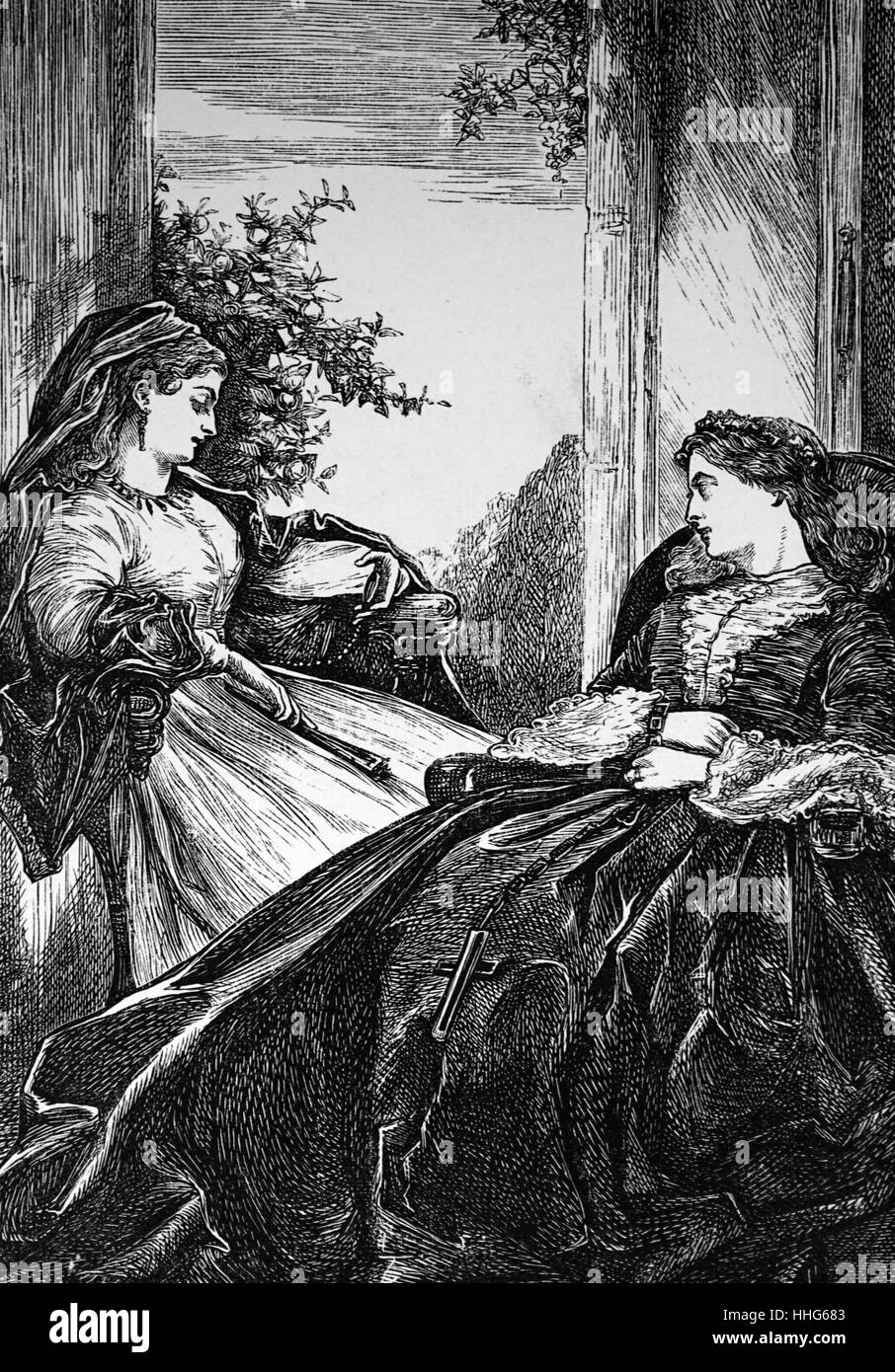 Two English country ladies sit in quiet conversation. English illustration 1867 Stock Photo