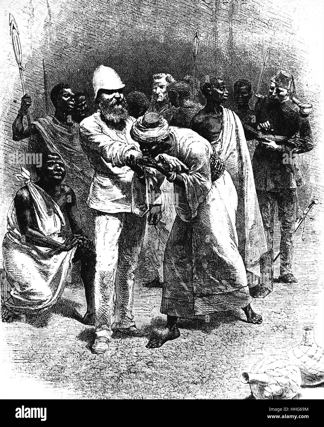 Samuel BAKER (1821-93) English explorer and anti-slavery campaigner, making a blood pact with King Rionga during his command of expedition mounted by the Khedive of Egypt to suppress slavery near Albert Nyanza, 1872. Stock Photo