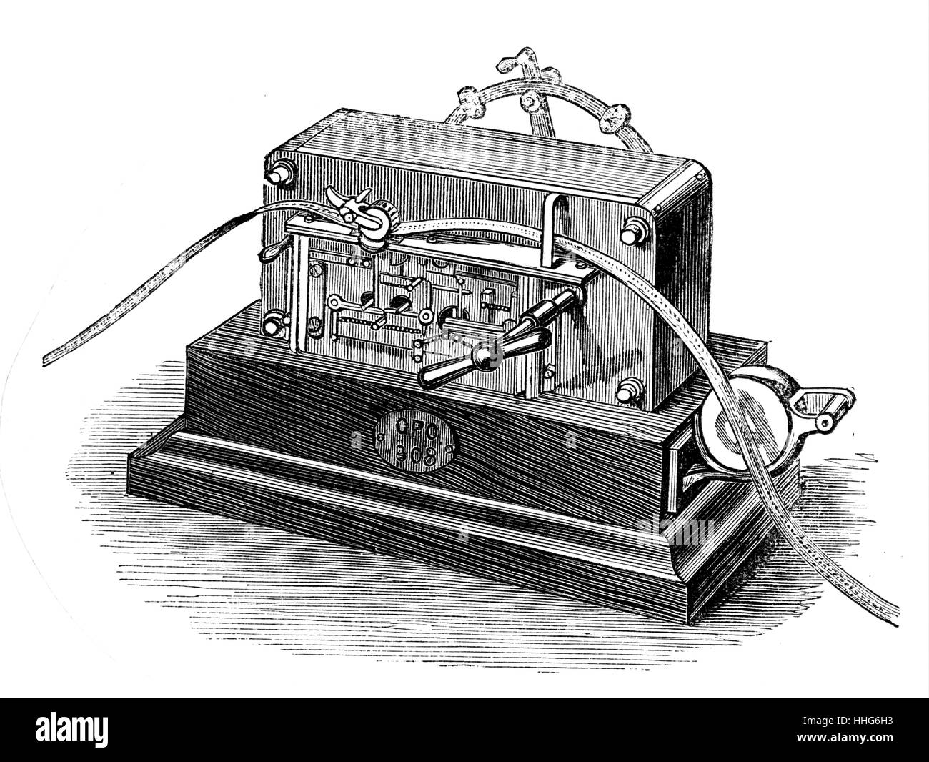 GPO telegraph transmitter. Shown at the International Electric Exhibition at the Crystal Palace. 1882. Stock Photo