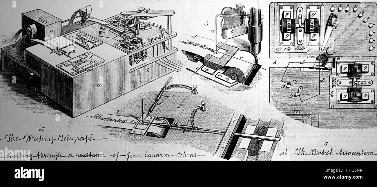 Cowper's writing telegraph 1879. 1: complete apparatus. 2: the pen on the transmitter. 3: the pen on the receiver. 4: plan of the receiver. Stock Photo
