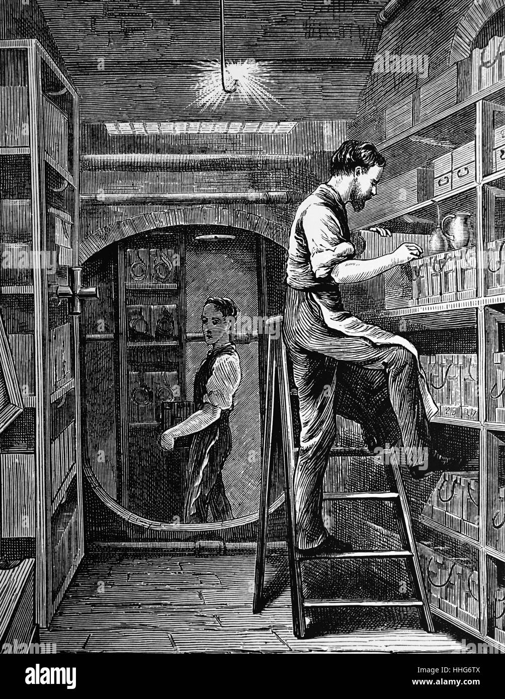 Post Office telegraph headquarters; Telegraph Street; London: the batteries for operating the 395 instruments. 1871. Stock Photo