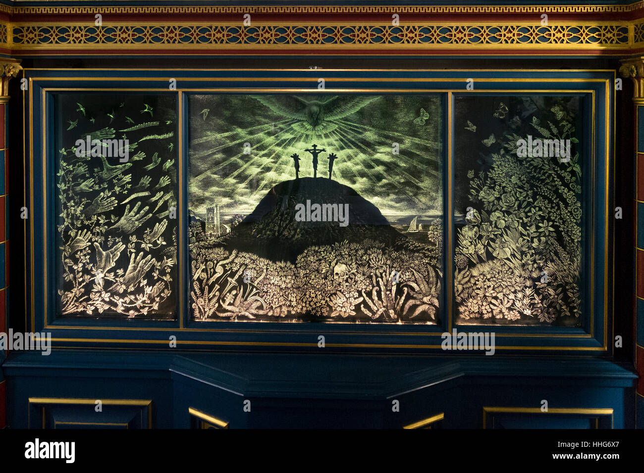 Glass triptych designed by Laurence Whistler engraved by Simon Whistler church of St Mary & St Peter Salcombe Regis Devon Stock Photo