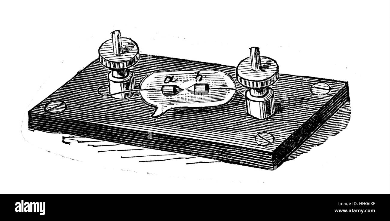 Varley's vacuum tube lightning protector for electric telegraphs. Shown at the International Electric Exhibition at Crystal Palace. 1882. Stock Photo