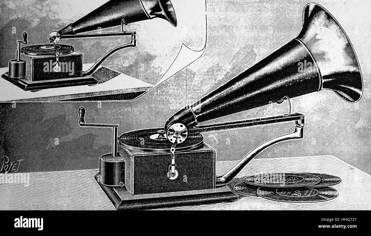 Gramophone and ebonite discs. Stock Photo