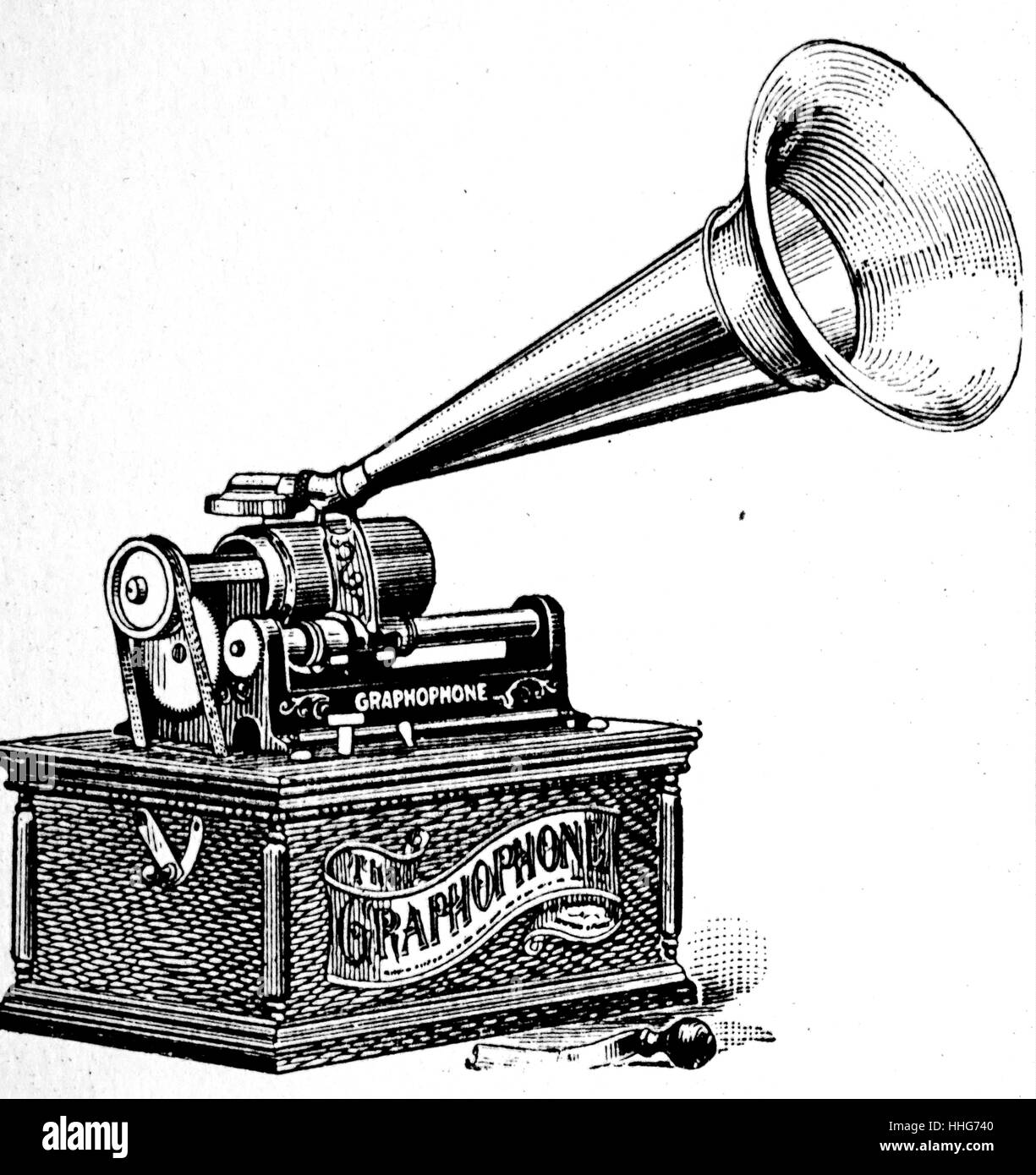 Graphophone; the version of sound playing; recording machine developed by Berliner at much the same time as Edison produced the gramophone. 1903. Stock Photo