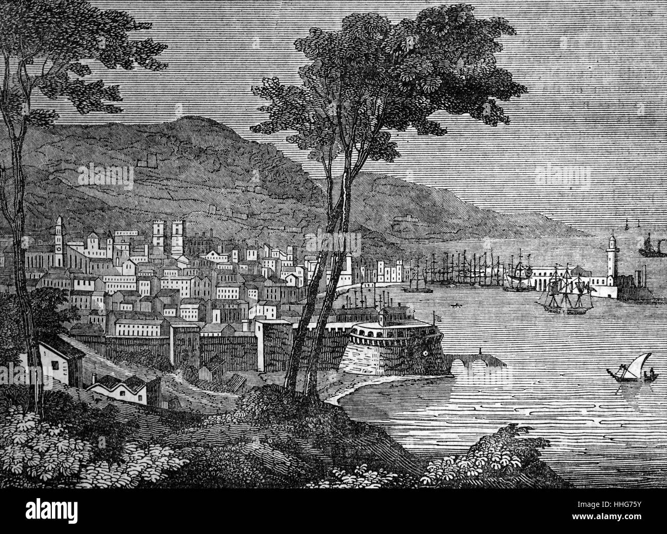 View of the port and city of Barcelona. 1836. Stock Photo