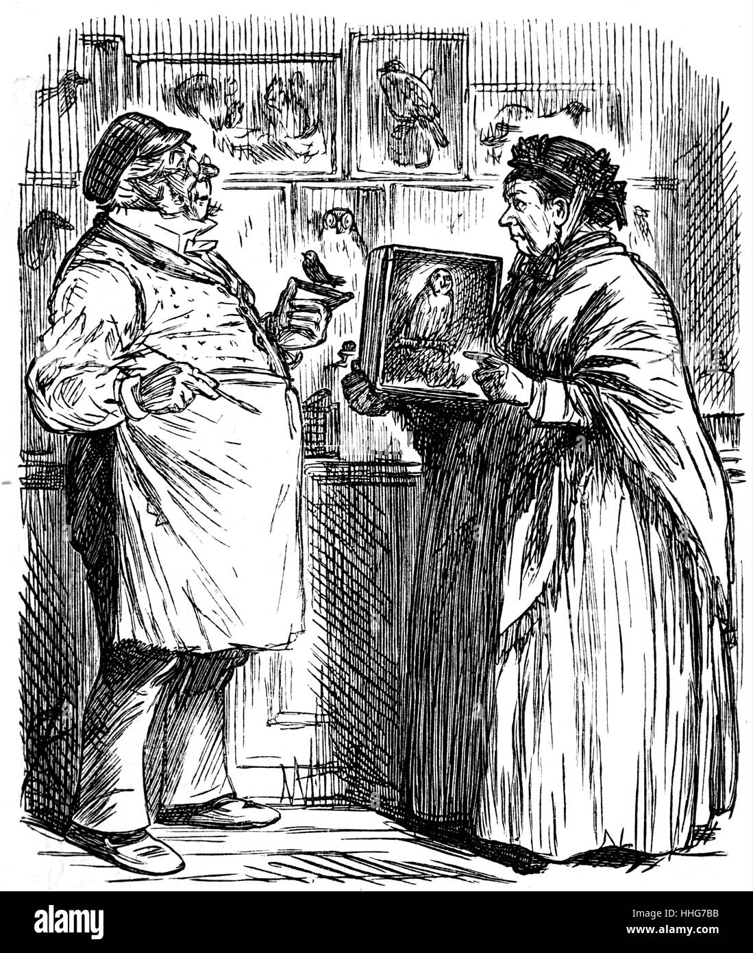 Cartoon depicting a woman in a taxidermy shop; collecting her recently stuffed owl. Dated 19th Century Stock Photo