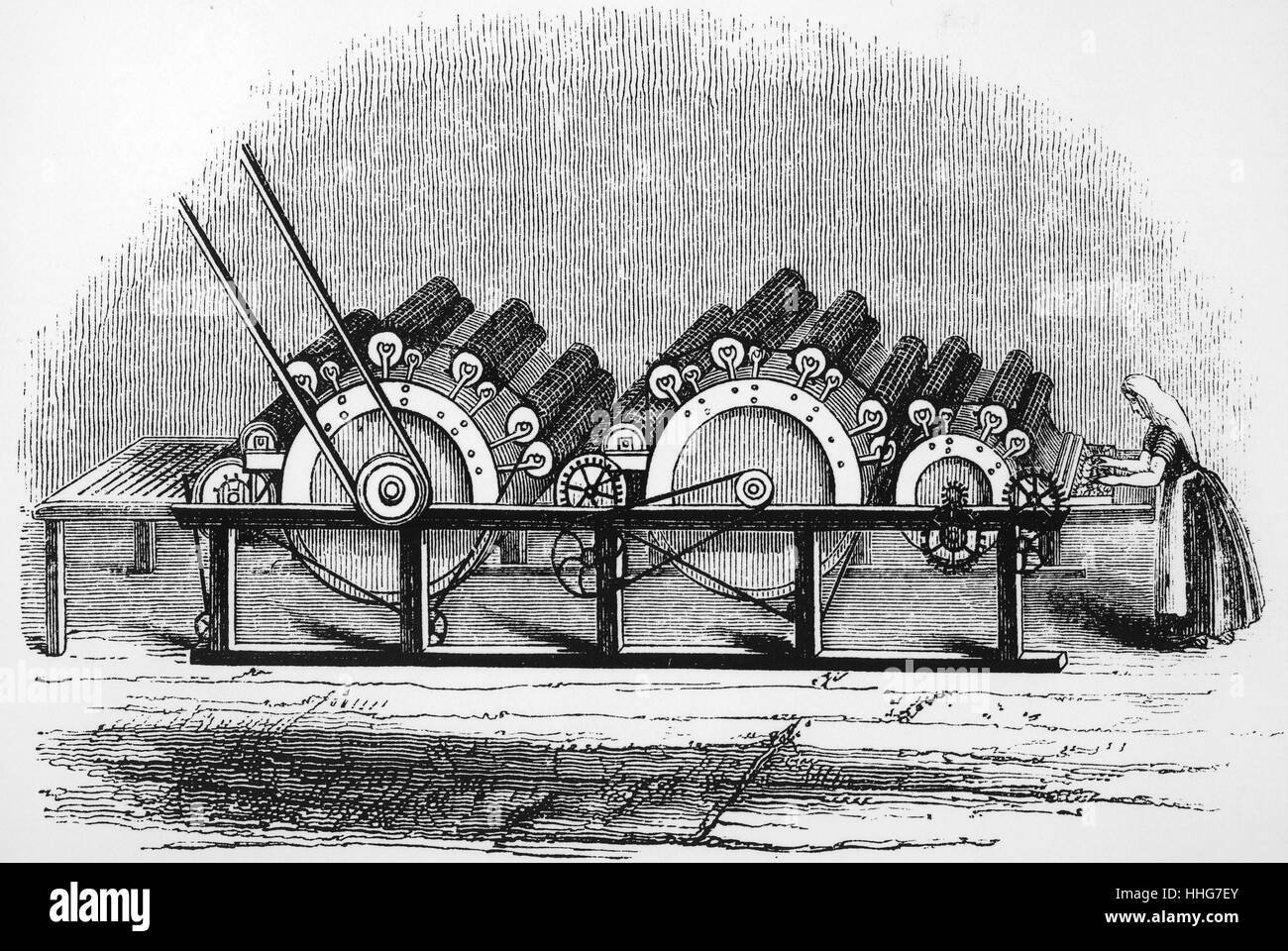 Illustration depicting a carding engine. Carding is the process that