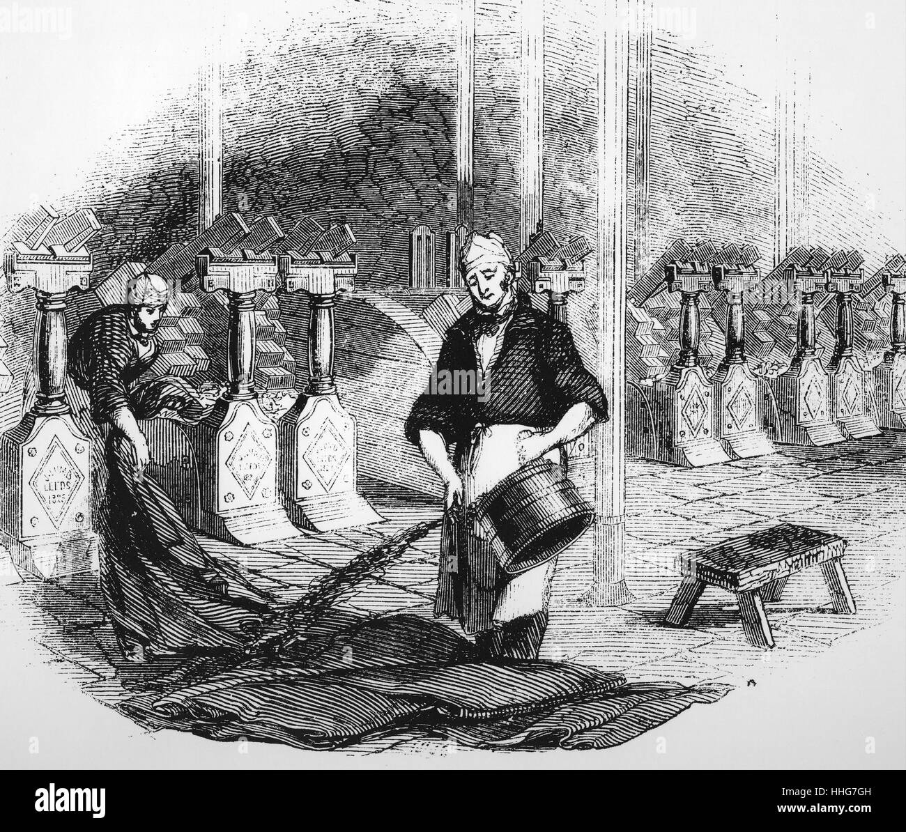 Line engraving depicting a mill for fulling cloth to remove oil and re