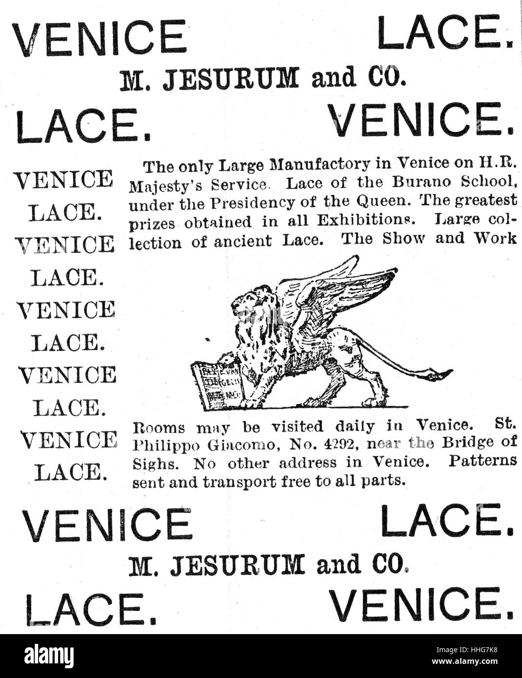 Advertisement for the M. Jesurum and Co.; the only large manufactory in Venice for Lace. Dated 19th Century Stock Photo