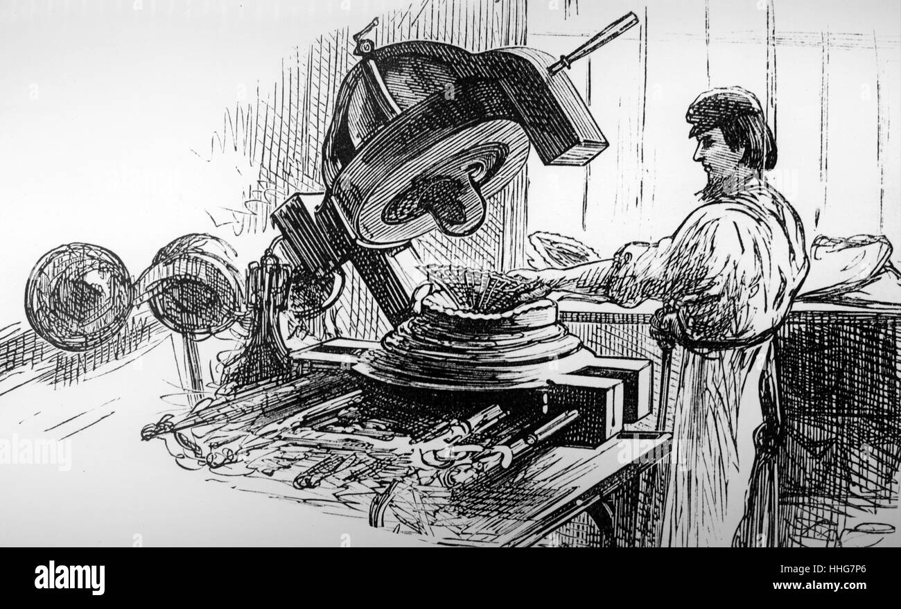 The straw hat trade at Luton, England. 1878. Shaping the hats by machine. Stock Photo