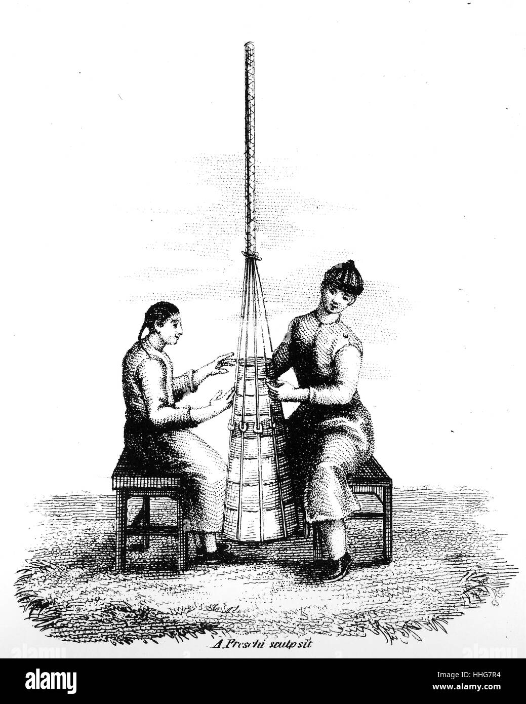Chinese women making silk cord. 1812 Stock Photo
