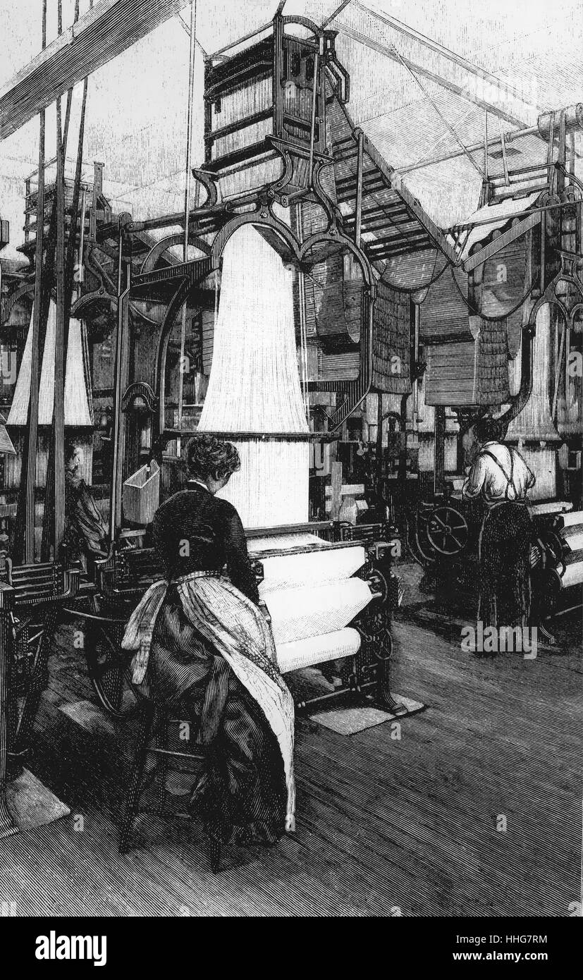 Jacquard loom ; a power loom, invented by Joseph Marie Jacquard, first demonstrated in 1801, that simplifies the process of manufacturing textiles with such complex patterns as brocade, damask and matelassé. punched cards on which the pattern to be woven was programmed. 1885 Stock Photo