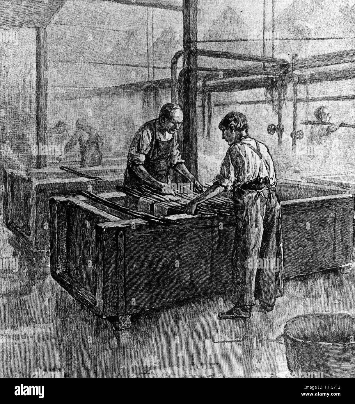 US silk production. Dyeing rooms in a silk mill 1885 Stock Photo