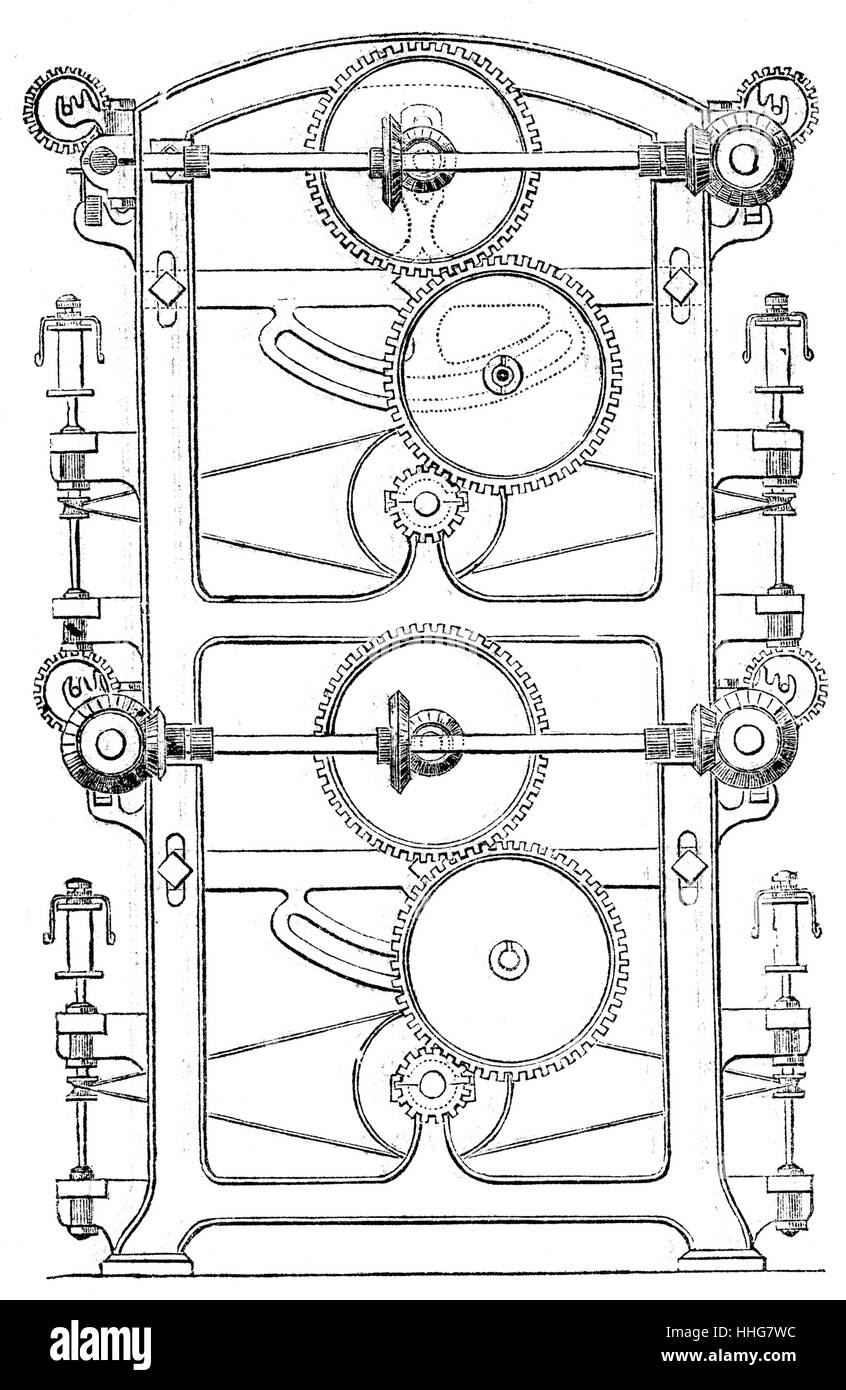 Side elevation, diagram of a silk spinning machine, English 1851 Stock Photo