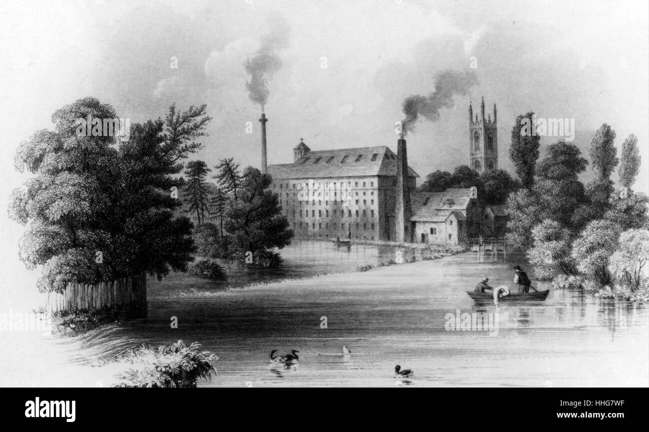 Taylor's (formerly LOMBE's) silk mill, Derby. This was the first water-powered textile mill to be built in England (ca 1720): print published ca 1860 Stock Photo
