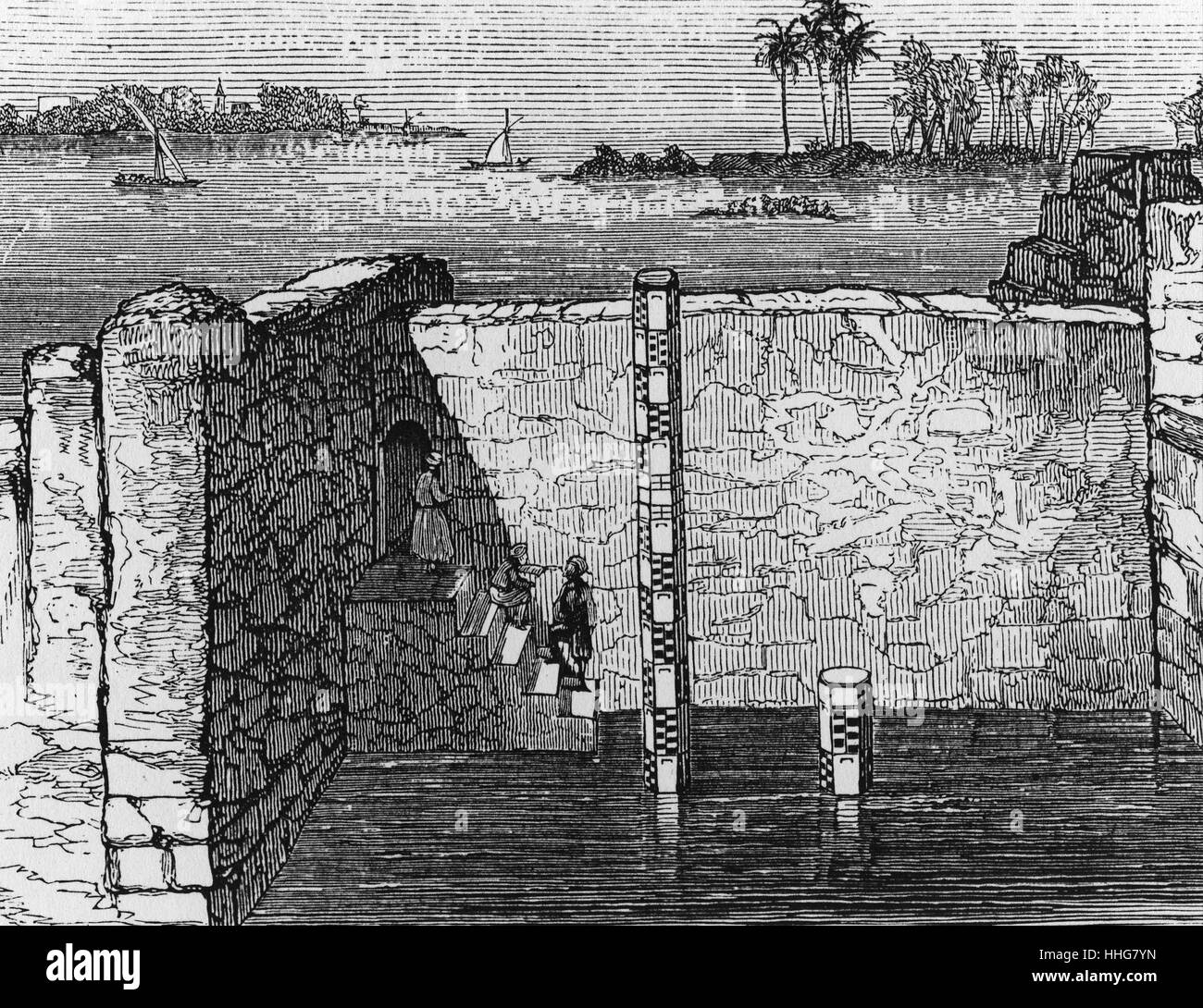 Nilometer. Remains of an ancient device for measuring the annual inundation of the Nile. The annual flooding of the river 'was vitally important to Egypt because it governed the fertility of the soil and could mean the difference between an abundance and starvation. Illustration published Paris; circa 1885 Stock Photo