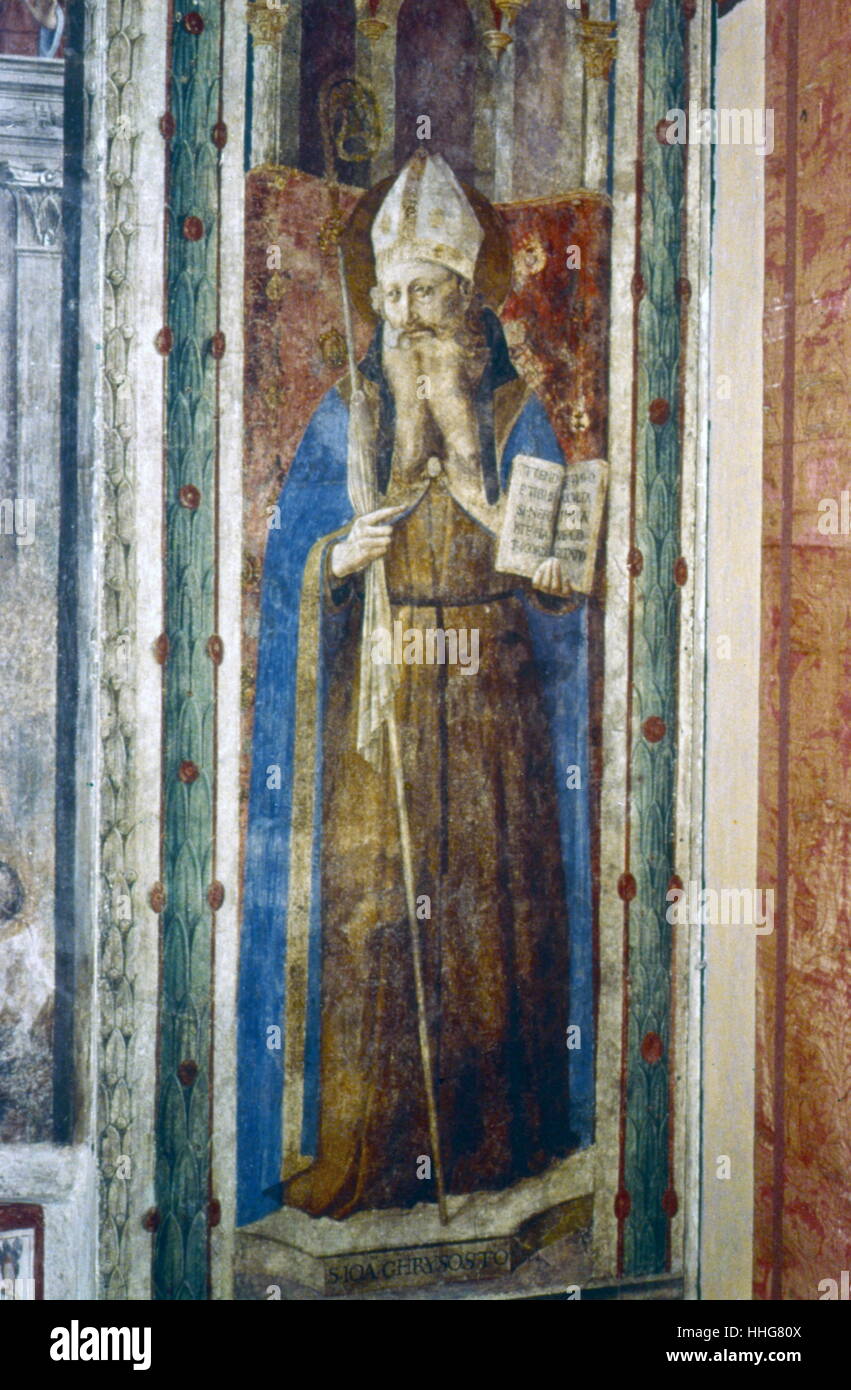St Gregory, Gregory I, the Great (540-604), Pope from 590. Fresco in the Chapel of Nicholas V, Vatican, Rome, dedicated to St Stephen and St Laurence: Fresco by Fra Angelico (c1400-55) Italian painter. Early Renaissance. Media: tempera, panel. Fra Angelico's frescoes for Pope Nicholas V's private Vatican chapel (c. 1448-9) depict select scenes from the lives of early Christian martyrs Stock Photo