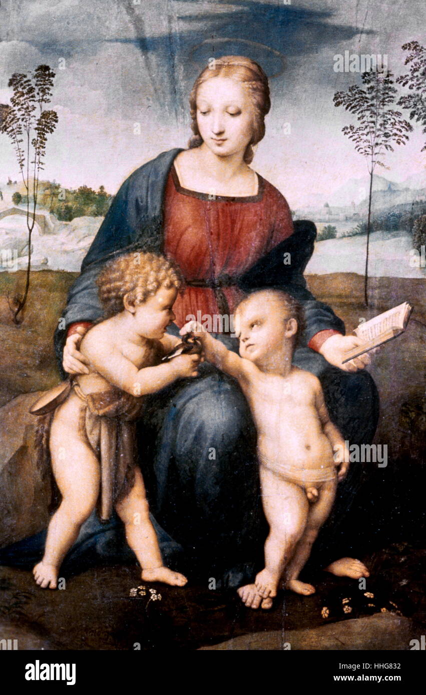 Madonna del cardellino or Madonna of the Goldfinch. c. 1505-1506; oil painting on wood. By the Italian High Renaissance artist (Raphael), Raffaello Sanzio da Urbino (1483-1520). The Madonna del cardellino shows three figures; Mary, Christ and the young John the Baptist. Though the positions of the three bodies are natural, together they form an almost regular triangle. The Madonna was a wedding gift from Raphael to his friend Lorenzo Nasi. In Madonna Del Cardellino, the goldfinch represents Christ’s crucifixion. Stock Photo