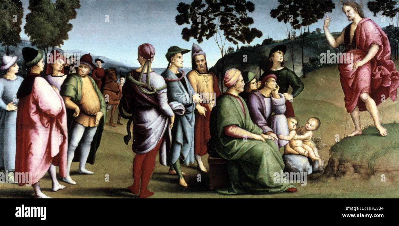Saint John the Baptist Preaching; 1505; oil painting on poplar wood. By the Italian High Renaissance artist (Raphael), Raffaello Sanzio da Urbino (1483-1520). Part of the Ansidei Altarpiece, San Fiorenzo, Perugia, Italy. Stock Photo