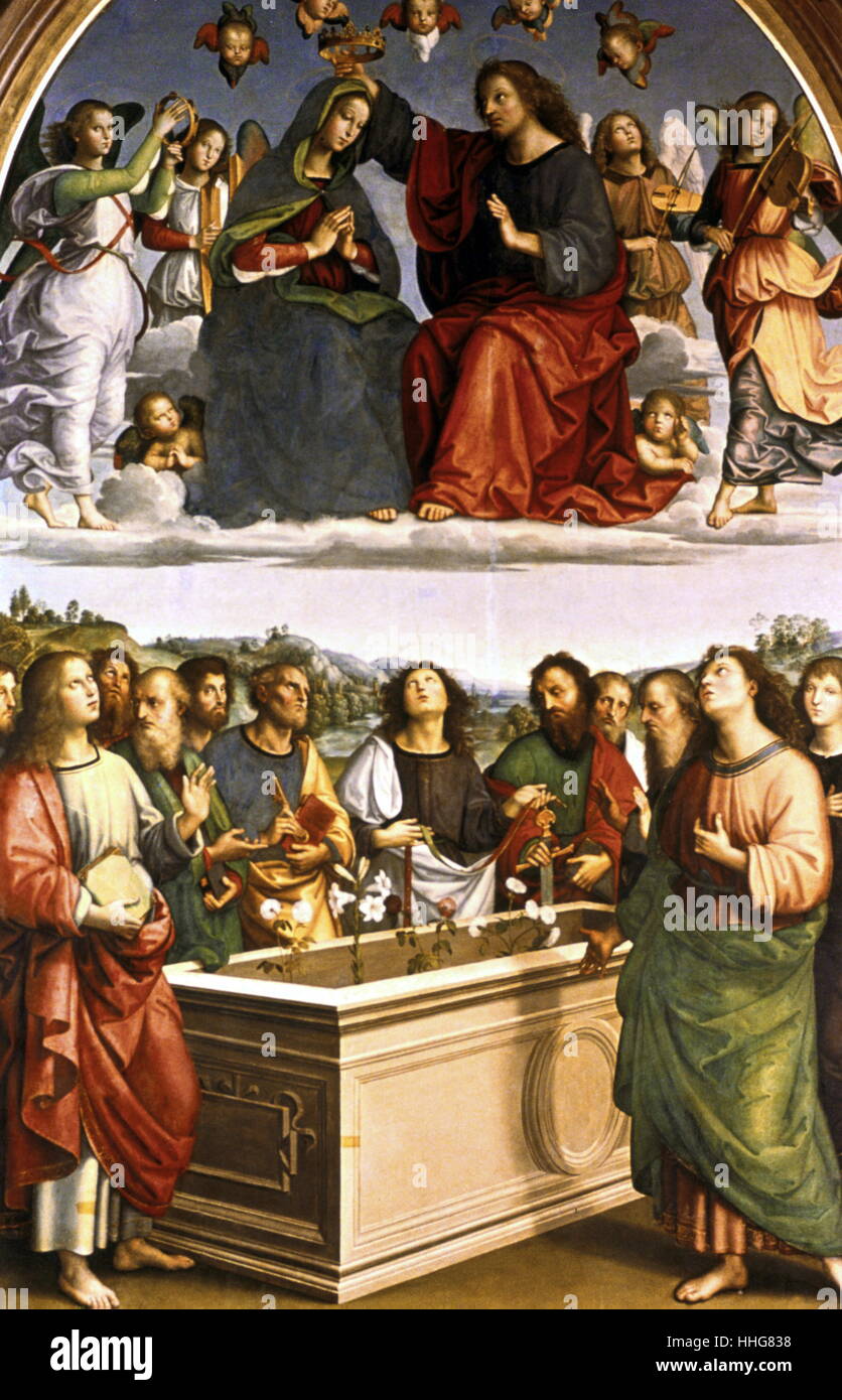 The Oddi Altarpiece (Coronation of the Virgin); 1502-1504; Oil tempera on canvas, by the Italian High Renaissance artist (Raphael), Raffaello Sanzio da Urbino (1483-1520). The crowning of the Virgin shows the Virgin being crowned by Jesus, while angels are playing music; while below the section depicts the apostles gathering around the empty tomb of Mary, whose body was raised to heaven without corruption. St Thomas holds in his hands the girdle Mary dropped down to him as a testament to her assumption. The saints raise their eyes to the heavenly spectacle. Stock Photo