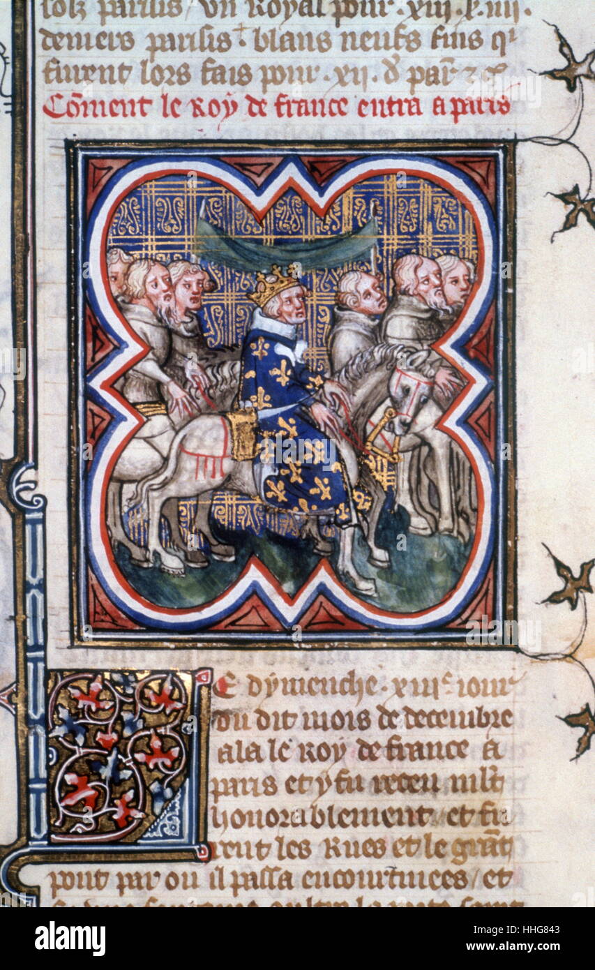 John II (1319 – 1364), called John the Good (Jean le Bon), monarch of the House of Valois who ruled as King of France from 1350 until his death. After the Battle of Poitiers in 1355 John was captured by the English and released on payment of a high ransom. He is seen returning to France in 1356. (14th C. ). Biblioteque Nationale, Paris. From the Grandes Chroniques de France. 1375-1380 manuscript Stock Photo