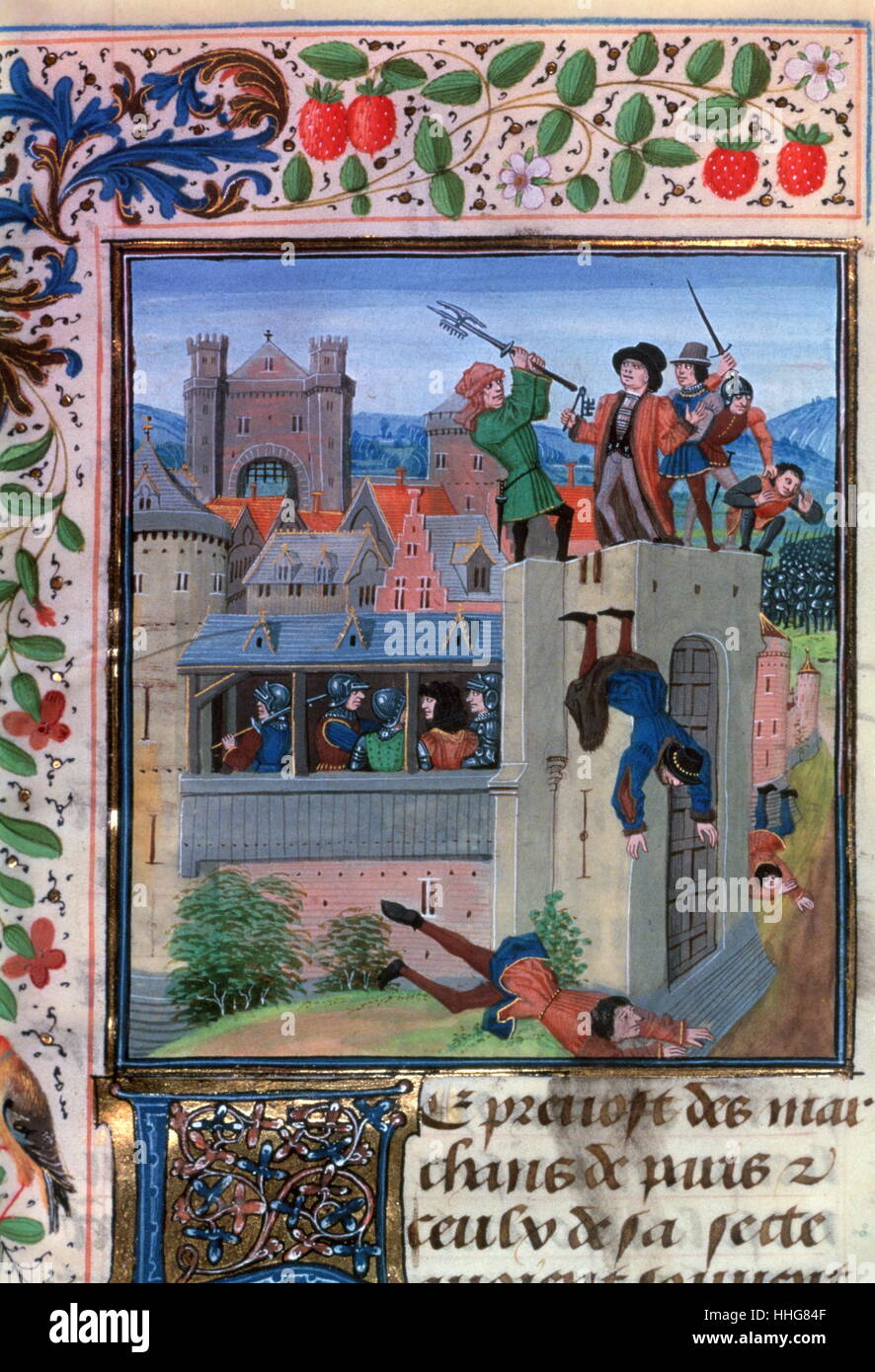 Murder of d'Étienne Marcel in 1358. Jean Froissart, Chroniques. Flandre, Bruges XVe s. fol. 230. (BNF , FR 2643). Étienne Marcel (between 1302 and 1310 – 31 July 1358) was provost of the merchants of Paris under King John II, called John the Good (Jean le Bon). He distinguished himself in the defense of the small craftsmen and guildsmen who made up most of the city population. Stock Photo