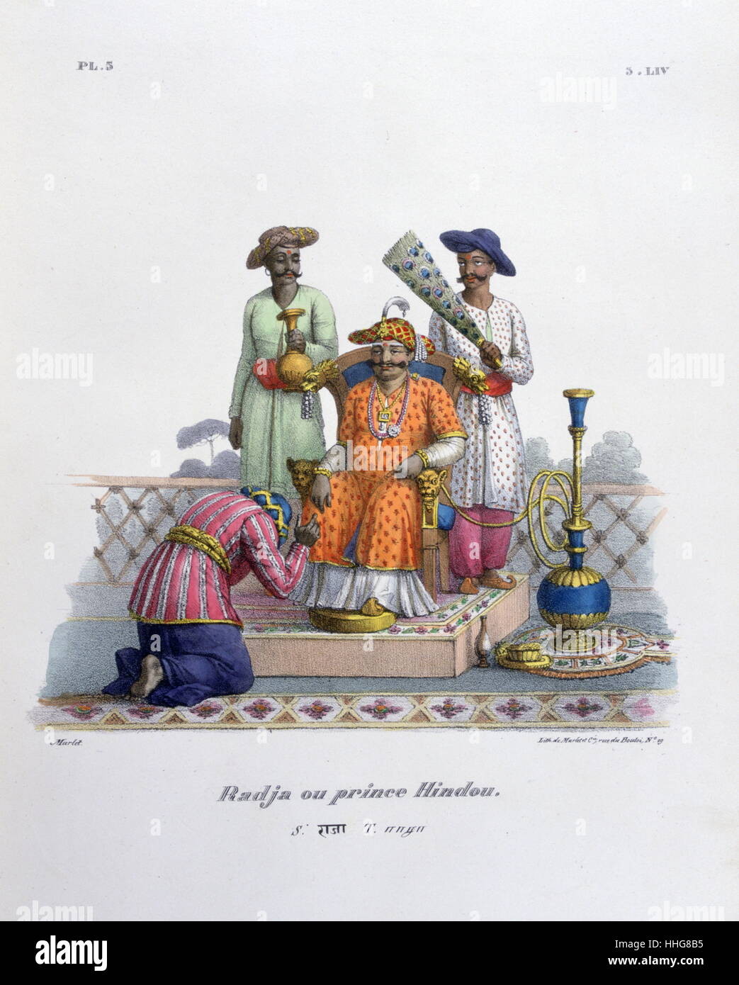 French lithograph of Raja or noble ruler with servants; India, By Marlet 1828 Stock Photo