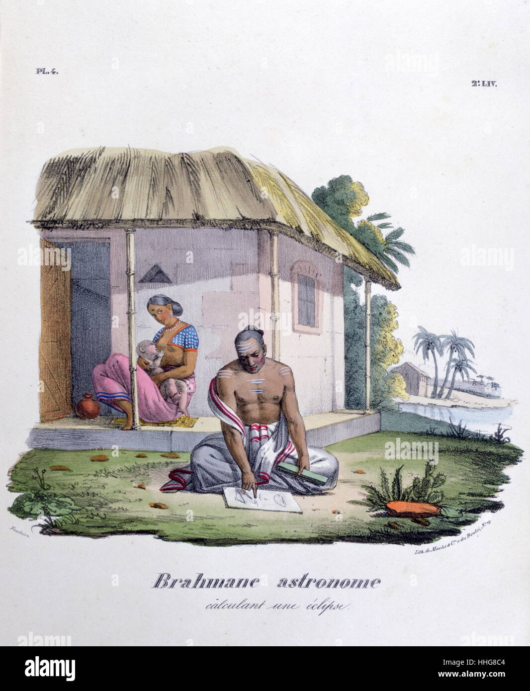 Brahmin astronomer in study as his wife breastfeeds an infant. ;French; lithograph; India; By Marlet 1828 Stock Photo