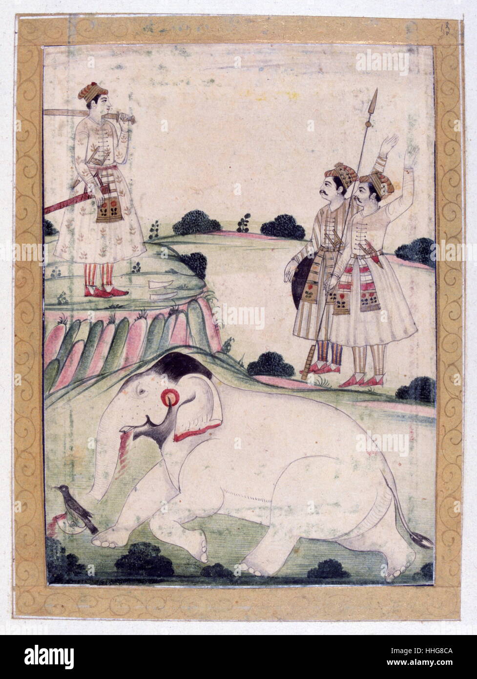 Indian Mughal miniature depicting a Prince being saluted by soldiers after he had killed a White Elephant. Rajasthan school; Album of Ragamala 19th century Stock Photo