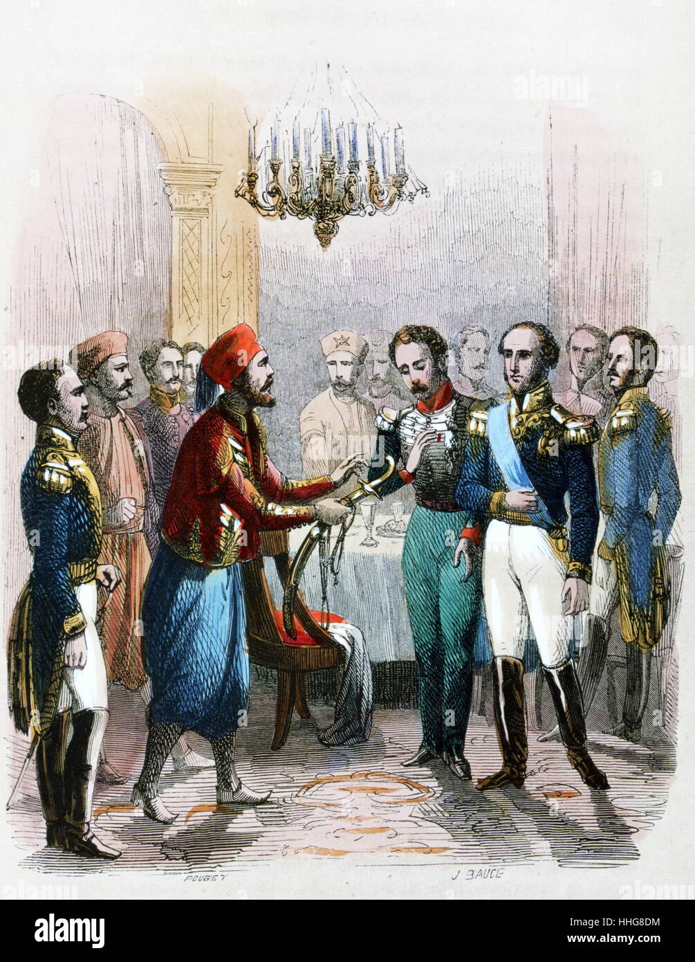 Meeting between Ibrahim Pasha and Colonel Seve. Pasha, the son of Muhammad Ali Pasha, Ottoman Viceroy of Egypt. Ibrahim Pasha (1789-1848) commanded the Egyptian army. After his father became senile Ibrahim ruled Egypt. Suleiman Pasha al-Faransawi (Suleiman Pasha 1788 – 1860) was born Joseph Anthelme Seve; a French-born Egyptian commander. Watercolour by the French painter Jean-Adolphe Beaucé (1818 - 1875). Stock Photo
