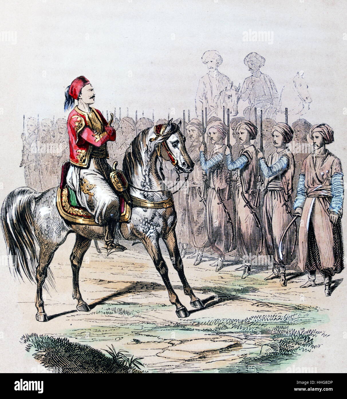 Suleiman Pasha al-Faransawi (Suleiman Pasha 1788 – 1860) addresses Mamaluke, Egyptian troops. 'You are clumsy, he told the Mamelukes: Get ready weapons! Fire!'. Pasha was born Joseph Anthelme Seve; a French-born Egyptian commander. Watercolour by the French painter Jean-Adolphe Beaucé (1818 - 1875). Stock Photo