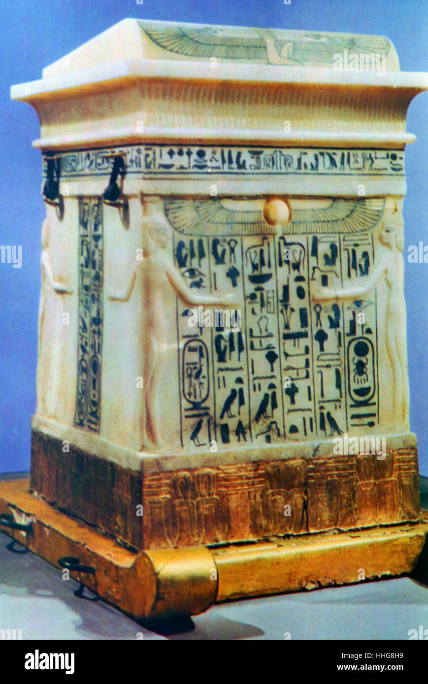 Alabaster canopic chest, used to contain the internal organs of during the process of mummification. From the tomb treasures of Tutankhamen, discovered in 1922. Tutankhamen was an Egyptian pharaoh of the 18th dynasty (ruled c. 1332–1323 BC). Now on display in the Cairo Museum. Stock Photo