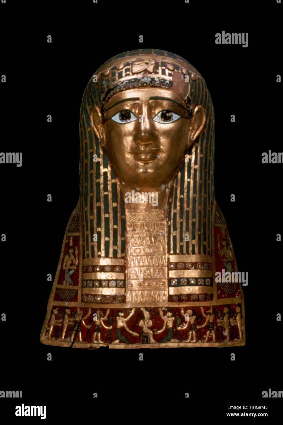 Egyptian Mummy Head Cover, Roman Period, (1st century B. C. ) Cartonnage (gum, linen, papyrus), gold leaf, pigment Stock Photo