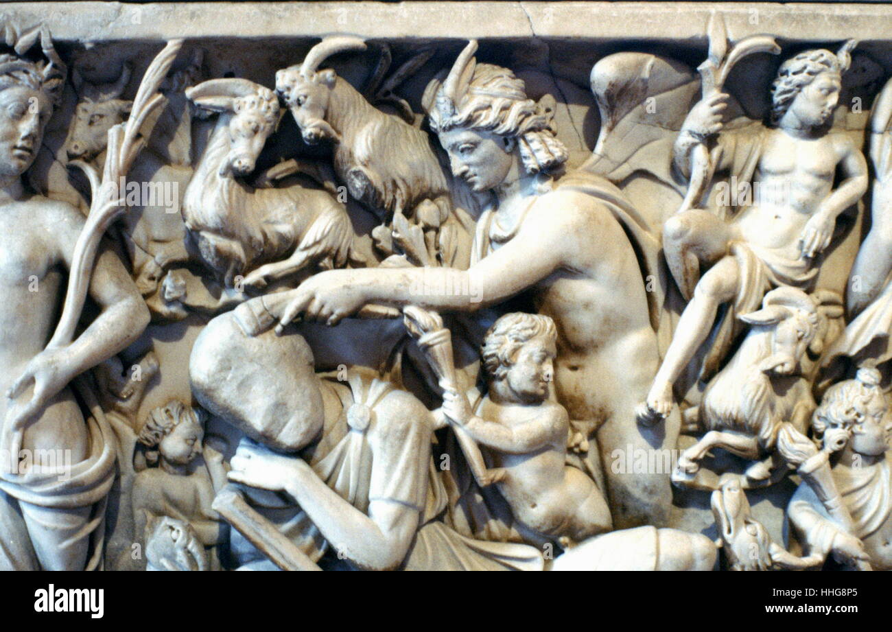 Gallo-Roman Endymion sarcophagus. Endymion sleeping, detail from a scene with the legend of Endymion and Selene. Panel of a marble sarcophagus, early 3rd century AD. Found in 1806 at Saint-Médard d'Eyrans, France Stock Photo