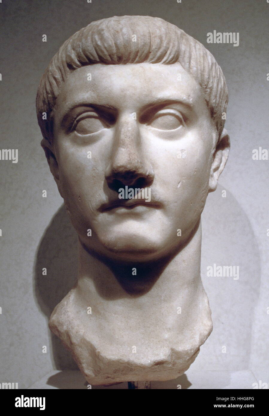 Tiberius (42 BC – 37 AD); Roman Emperor from 14 AD to 37 AD. Born Tiberius Claudius Nero, a Claudian, Tiberius was the son of Tiberius Claudius Nero and Livia Drusilla. His mother divorced Nero and married Octavian, later known as Augustus, in 39 BC, making him a step-son of Octavian. Stock Photo
