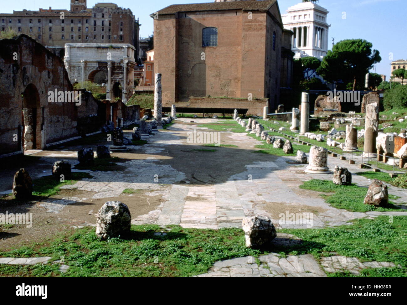 The Basilica Aemilia (Italian: Basilica Emilia) was a civil basilica in the Roman forum, in Rome, Italy. Today only the plan and some rebuilt elements can be seen. Stock Photo