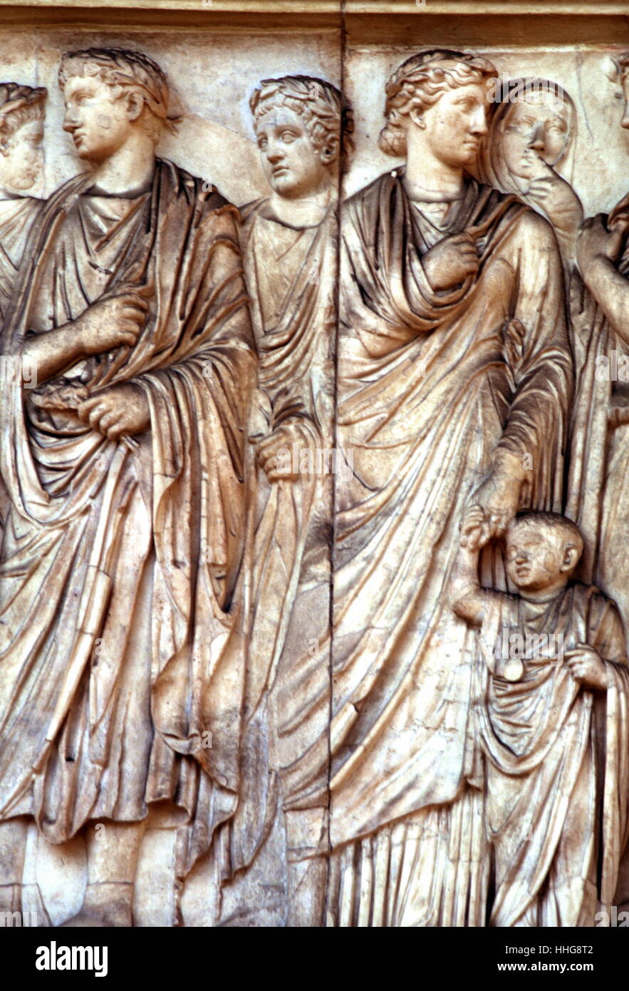 Germanicus (24 May 15 BC – 10 October AD 19) was a member of the Julio-Claudian dynasty and a prominent general of the early Roman Empire. Depicted on the Ara Pacis Augustae (Altar of Augustan Peace; commonly shortened to Ara Pacis) in Rome dedicated to Pax, the Roman goddess of Peace. The monument was commissioned by the Roman Senate on July 4, 13 BC to honour the return of Augustus to Rome after three years in Hispania and Gaul, Stock Photo