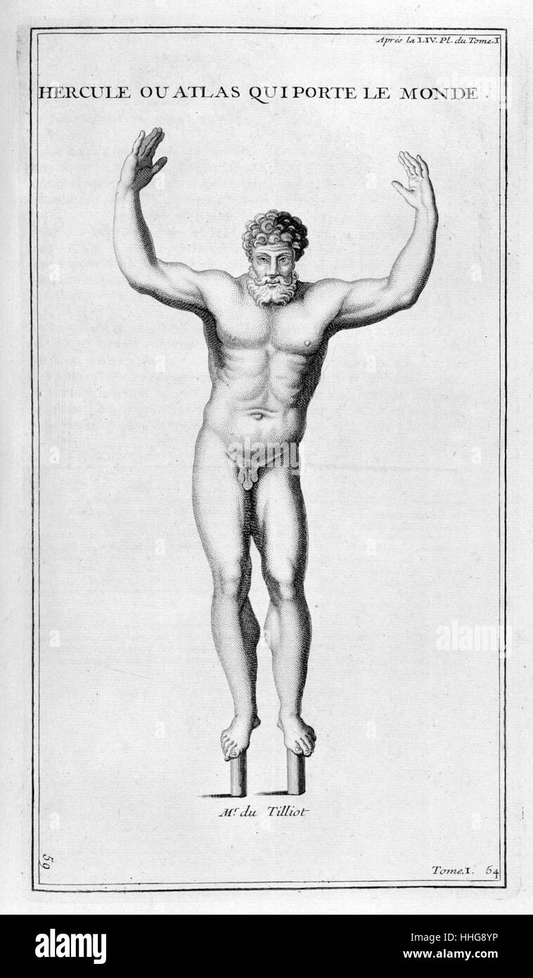Hercules as the lifter (supporter) of the World. Illustration from supplement to 'L'antiquité expliquée et representée en figures'; (vols. 1-15, Paris, 1719-1724) by Dom Bernard de Montfaucon, (1655 – 1741), a French Benedictine monk. He was an astute scholar who founded the discipline of palaeography, He is regarded as one of the founders of modern archaeology. Stock Photo