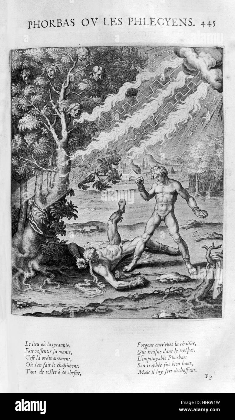 Phorbas slain by Apollo. Plate from Les Images Ou Tableaux De Platte Peinture Des Deux Philostrates Sophistes Grecs, by Blaise de Vigenère, Paris, 1615. Engraving circa 1615, by Leonard Gaultier. Gaultier, or Galter, was a French engraver, born at Mainz about 1561, and died in Paris in 1641. Phorbas, a prince of the Thessalian Phlegyes assisted Alector, king of Elis, in the war against Pelops, and shared the kingdom with him. tradition has Phorbas as a bold boxer who attacked travellers on the road and was eventually defeated by Apollo. Stock Photo
