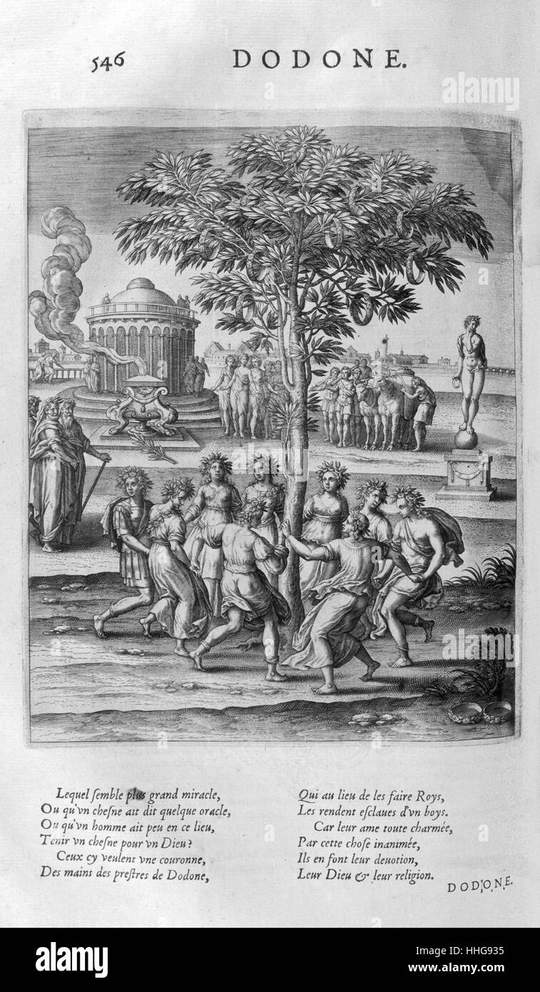 Dodone. Plate from Les Images Ou Tableaux De Platte Peinture Des Deux Philostrates Sophistes Grecs, by Blaise de Vigenère, Paris, 1615. Engraving circa 1615, by Leonard Gaultier. Gaultier, or Galter, was a French engraver, born at Mainz about 1561, and died in Paris in 1641. In Greco-Roman mythology, Arachne is a talented mortal weaver who challenged Athena, goddess of wisdom and crafts, into a weaving contest; this hubris resulted in her being transformed into a spider. In Greek mythology, Dodone was said to be one of the Oceanid nymphs (the daughters of the Titans Oceanus and Tethys), Stock Photo