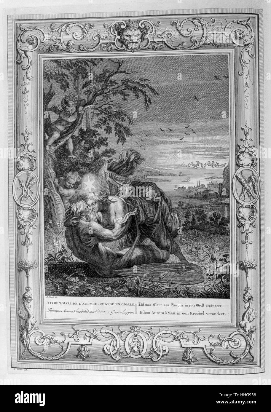 Titon and Aurora. Engraved illustration from 'The Temple of the Muses', 1733. This book represented remarkable events of antiquity drawn and engraved by Bernard Picart (1673-1733). In Greek mythology, Tithonus (Titon) was the lover of Eos (known in Roman mythology as Aurora). Stock Photo