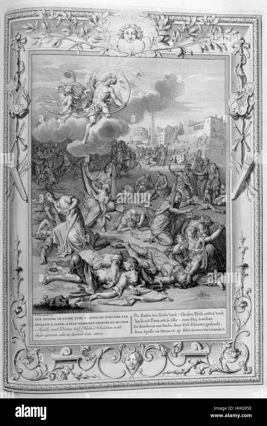 Niobe and her slain children. Engraved illustration from 'The Temple of the Muses', 1733. This book represented remarkable events of antiquity drawn and engraved by Bernard Picart (1673-1733). In Greek mythology, Niobe was punished by Leto, who sent Apollo and Artemis to slay all of her children. Niobe boasted of her fourteen children, seven male and seven female (the Niobids), to Leto who only had two children, the twins Apollo and Artemis. Stock Photo