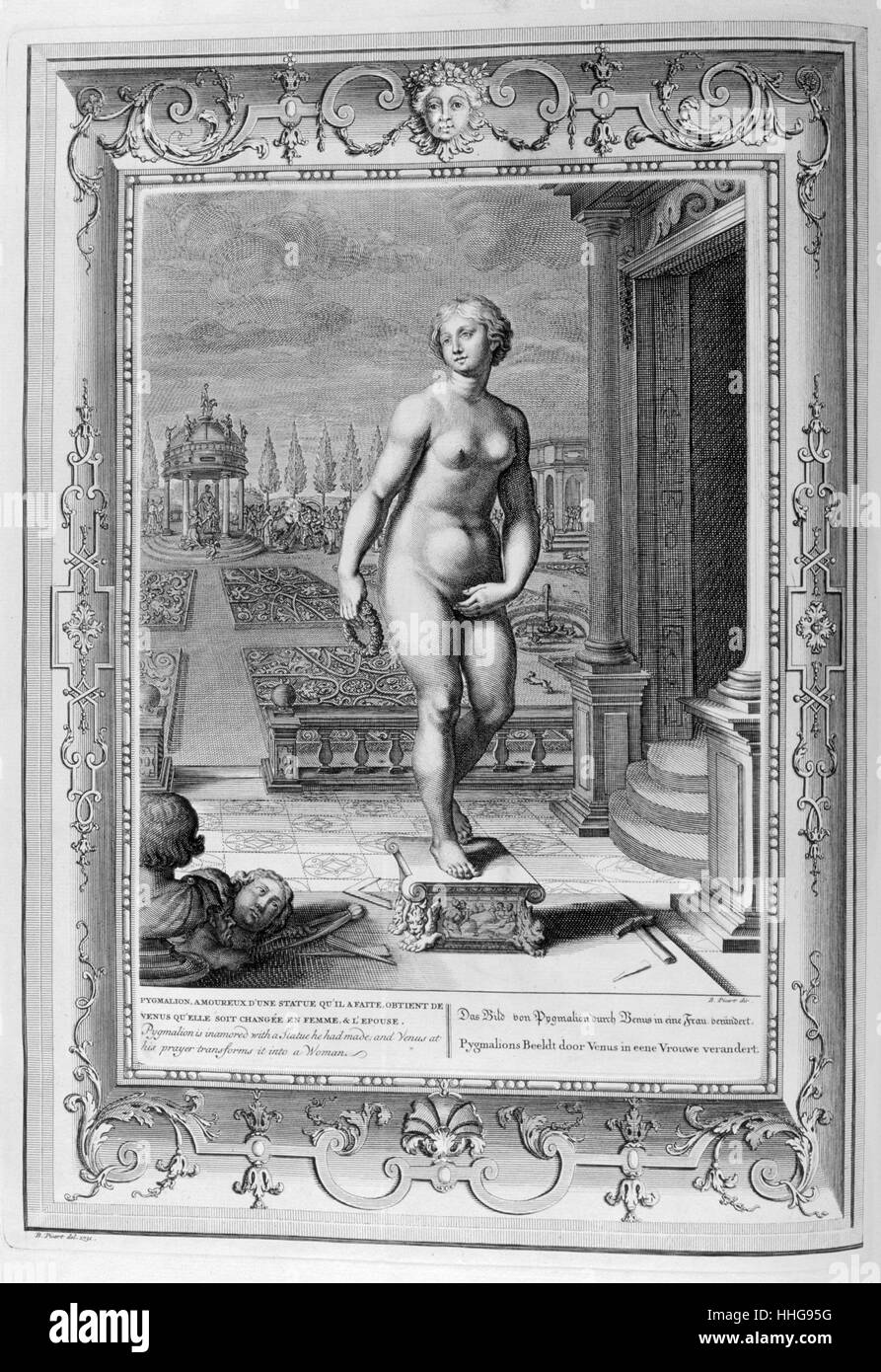 The sculpture of Pygmalion. Engraved illustration from 'The Temple of the Muses', 1733. This book represented remarkable events of antiquity drawn and engraved by Bernard Picart (1673-1733). Pygmalion is a legendary figure of Cyprus. In Ovid's narrative poem Metamorphoses, Pygmalion was a sculptor who fell in love with a statue he had carved. Stock Photo