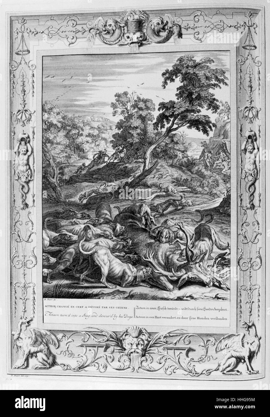 Acteon devoured by hunting hounds. Engraved illustration from 'The Temple of the Muses', 1733. Stock Photo